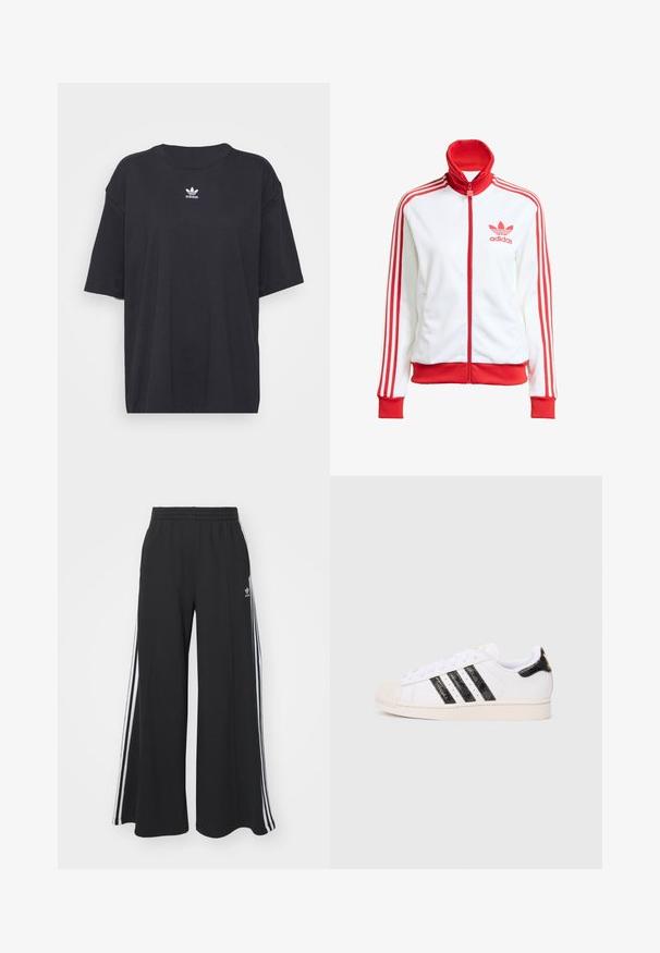 Hvid træningsjakke med røde accenter, fuld lynlås, høj krave, tre røde striber på ærmerne og broderet rødt Adidas-logo på brystet.; Sort bomulds t-shirt med korte ærmer, rund halsudskæring, med et hvidt Adidas-logo på brystet. Enkel design, afslappet pasform.; Sorte brede sweatpants med elastisk talje, med hvide sidelommer og et broderet logo på venstre lår.; Hvid sneakers med sorte teksturerede striber og accenter; har en gummitå, flade snørebånd og polstring rundt om anklen.