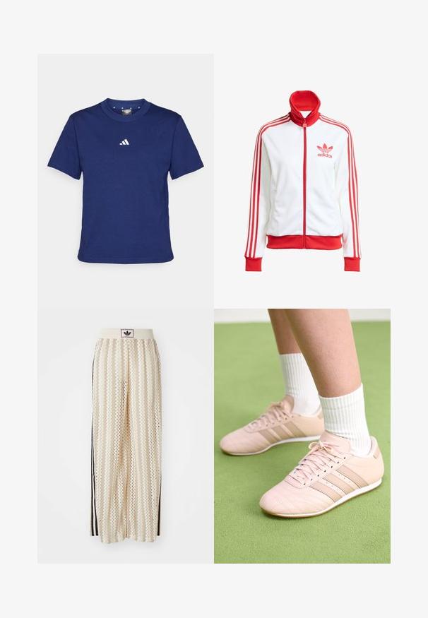 White track jacket with red accents, full zip, high collar, three red stripes on sleeves, and embroidered red Adidas logo on the chest.; Navy blue cotton t-shirt with short sleeves and a crew neck. Features a small white Adidas logo on the chest. Smooth texture.; Cream-colored wide-leg pants with a zigzag pattern, featuring a black logo waistband and side black stripes. Lightweight, textured fabric.; Light pink athletic shoes with diagonal stitching, white soles, and three lateral stripes. Worn with ribbed white socks on green surface.