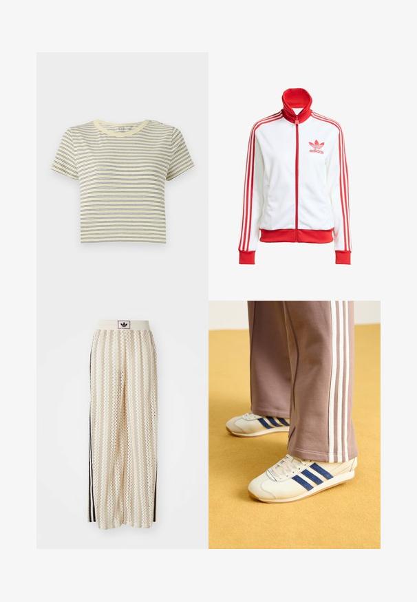 Valkoinen ajotakki punaisilla yksityiskohdilla, täysi vetoketju, korkea kaulus, kolme punaista raitaa hihoissa ja brodeerattu punainen Adidas-logo rintapielessä.; Keltainen raidallinen t-paita, jossa on sinisiä vaakaraitoja, pyöreä pääntie, lyhyet hihat ja lyhyt malli. Pehmeää puuvillakangasta, yksinkertainen muotoilu.; Valkoiset leveälahkeiset housut, joissa on sahalaitakuvio, musta logovyötärö ja sivuilla mustat raidat. Kevyt, teksturoitu kangas.; Kreemi kengät sinisillä mokkanahka raidoilla, valkoisilla nauhoilla ja kumipohjalla. Yhdistetty harmaisiin verkkareihin, joissa on valkoiset sivuraidat.