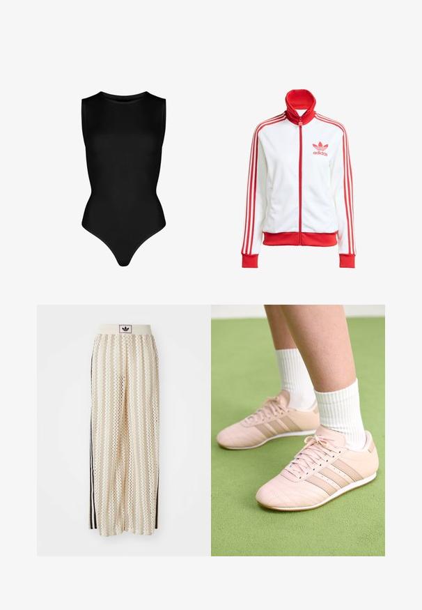 Weißer Trainingsjacke mit roten Akzenten, Vollreißverschluss, hohem Kragen, drei roten Streifen an den Ärmeln und gesticktem roten Adidas-Logo auf der Brust.; Schwarzer ärmelloser Body aus dehnbarem Material, mit hohem Kragen und figurbetontem Design mit einem Tanga-Unterteil. Keine Muster oder Metallteile.; Cremfarbene, weit geschnittene Hosen mit einem Zickzackmuster, ausgestattet mit einem schwarzen Logo-Bund und seitlichen schwarzen Streifen. Leichter, strukturierter Stoff.; Helle rosa Sportschuhe mit schrägen Nähten, weißen Sohlen und drei seitlichen Streifen. Getragen mit gestreiften weißen Socken auf grünem Untergrund.