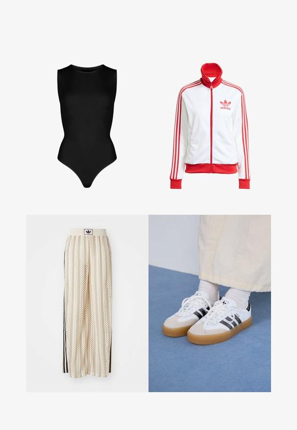 Weißer Trainingsjacke mit roten Akzenten, Vollreißverschluss, hohem Kragen, drei roten Streifen an den Ärmeln und gesticktem roten Adidas-Logo auf der Brust.; Schwarzer ärmelloser Body aus dehnbarem Material, mit hohem Kragen und figurbetontem Design mit einem Tanga-Unterteil. Keine Muster oder Metallteile.; Cremfarbene, weit geschnittene Hosen mit einem Zickzackmuster, ausgestattet mit einem schwarzen Logo-Bund und seitlichen schwarzen Streifen. Leichter, strukturierter Stoff.; Weiße Sneaker mit schwarzen Streifen und beigen Wildlederakzenten. Besitzen eine strukturierte Gummisohle und flache weiße Schnürsenkel, getragen mit hellen Socken.