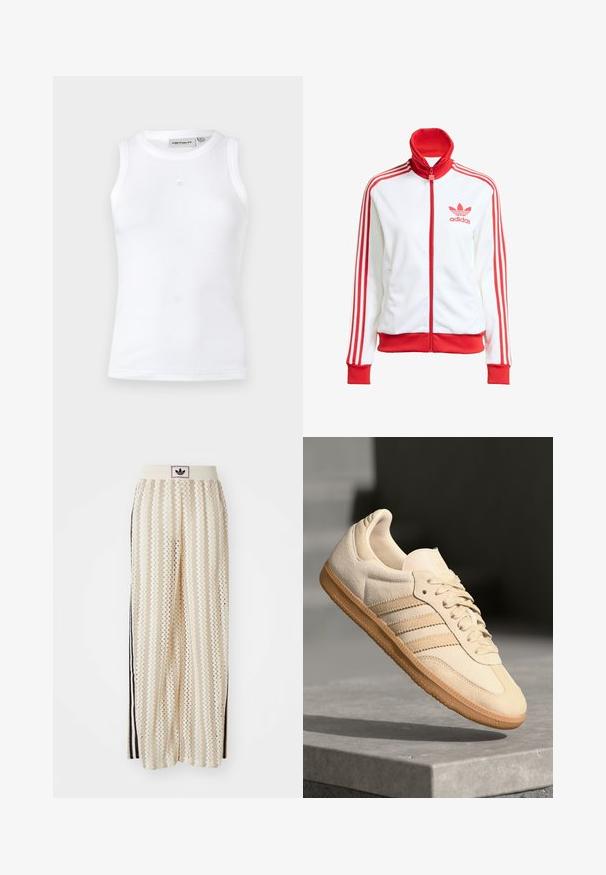 Chaqueta de pista blanca con acentos rojos, cremallera completa, alta, tres franjas rojas en las mangas y logo bordado en rojo de Adidas en el pecho.; Camiseta sin mangas blanca hecha de tejido acanalado. Presenta un escote redondo y un pequeño logo en el centro delantero. Diseño sencillo.; Pantalones de pierna ancha en color crema con un patrón en zigzag, que cuentan con una cinturilla con logo negro y franjas negras en los laterales. Tejido ligero y texturizado.; Zapatillas de ante beige claro con suela de goma, tres rayas diagonales y una puntera texturizada. Presenta el logo en la lengüeta y en el lateral.