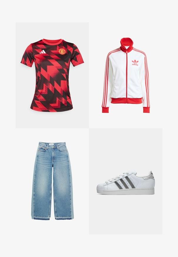 Hvid træningsjakke med røde accenter, fuld lynlås, høj krave, tre røde striber på ærmerne og broderet rødt Adidas-logo på brystet.; Rød og sort kortærmet fodboldsjakke med geometrisk print, udstyret med Manchester United-logoet på venstre bryst og et Adidas-logo på højre.; Lyseblå vidde jeans lavet af denim, med høj talje, knaplukning, forlommer og rå kant.; Hvid Adidas Superstar sneakers med tre sorte striber, snørebåndene bundet, gummiskalæse og Adidas-logo på hælklappen vist i sidevis.