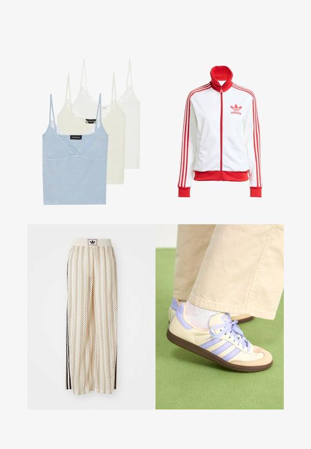 White track jacket with red accents, full zip, high collar, three red stripes on sleeves, and embroidered red Adidas logo on the chest.; Three camisoles: light blue, cream, and white. Made of soft fabric with lace trim along the neckline and thin adjustable straps.; Cream-colored wide-leg pants with a zigzag pattern, featuring a black logo waistband and side black stripes. Lightweight, textured fabric.; Cream and lavender sneakers with three stripes and a textured brown sole, featuring laces and a padded heel. Soft fabric upper.