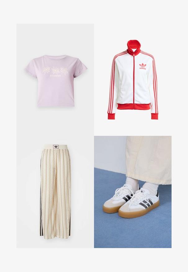 White track jacket with red accents, full zip, high collar, three red stripes on sleeves, and embroidered red Adidas logo on the chest.; Lilac cotton t-shirt with short sleeves, featuring a graphic of three spirals above the text "BILLABONG" in a lighter shade.; Cream-colored wide-leg pants with a zigzag pattern, featuring a black logo waistband and side black stripes. Lightweight, textured fabric.; White sneakers with black stripes and beige suede accents. Feature a textured gum sole and flat white laces, worn with light-colored socks.