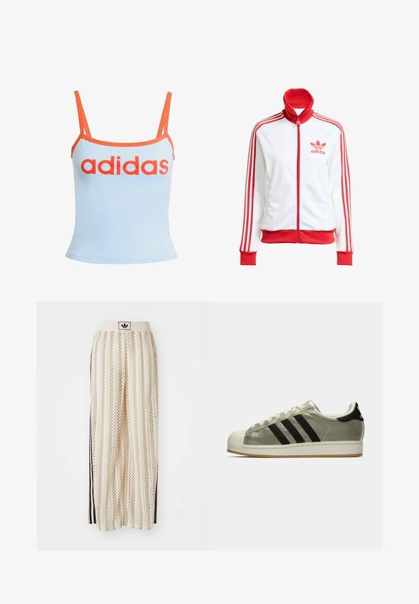Bílá sportovní bunda na zip s červenými akcenty, vysoký límec, tři červené pruhy na rukávech a vyšitým červeným logem Adidas na hrudi.; Světle modrý tílko s oranžovým lemem, zdobené výrazným červeným logem "adidas" přes hruď. Vyrobeno z jemné, elastické látky. Tenké ramínka.; Krémové široké kalhoty s cikcak vzorem, s černým logem na pásu a černými pruhy po stranách. Lehčí, texturovaná tkanina.; Tenisky Adidas s kovově olivovým svrškem, třemi černými pruhy, gumovou špičkou a gumovou podrážkou. Klasický design s texturovanou látkou.