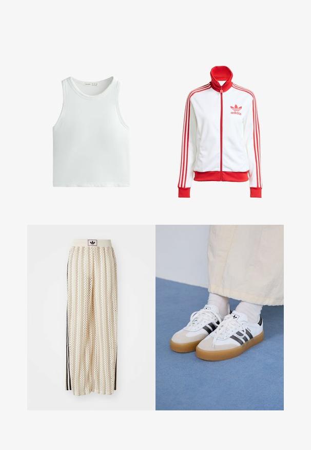 Giacca da track bianca con accenti rossi, zip completa, colletto alto, tre strisce rosse sulle maniche e logo Adidas rosso ricamato sul petto.; Canotta bianca a costine con spalline larghe e scollatura arrotondata. Realizzata in un materiale morbido e elastico per garantire comfort e una vestibilità ottimale.; Pantaloni a gamba larga color crema con un motivo a zigzag, dotati di una fascia in vita nera con logo e strisce nere laterali. Tessuto leggero e testurizzato.; Sneakers bianche con strisce nere e accenti in suede beige. Presentano una suola in gomma texturizzata e lacci bianchi piatti, indossate con calzini di colore chiaro.