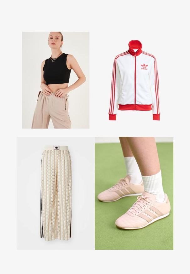 White track jacket with red accents, full zip, high collar, three red stripes on sleeves, and embroidered red Adidas logo on the chest.; Black cropped sleeveless top in smooth fabric, paired with beige loose-fit pants featuring elastic waistband and side pockets.; Cream-colored wide-leg pants with a zigzag pattern, featuring a black logo waistband and side black stripes. Lightweight, textured fabric.; Light pink athletic shoes with diagonal stitching, white soles, and three lateral stripes. Worn with ribbed white socks on green surface.