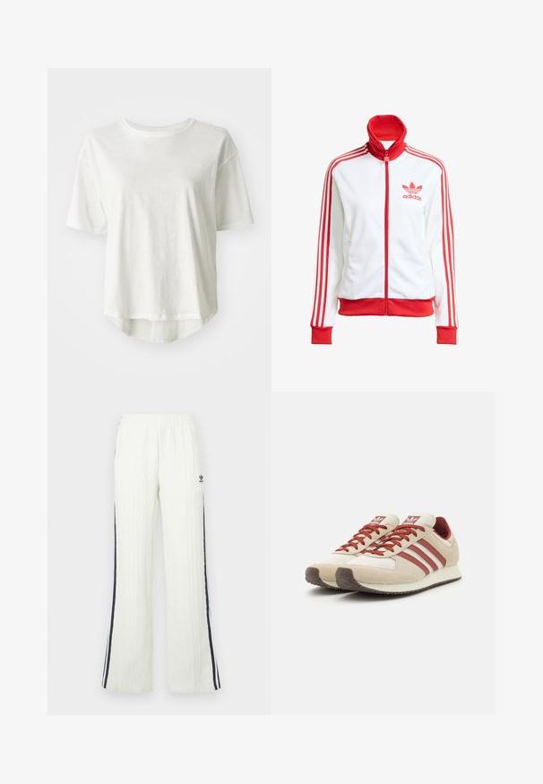 Biela tréningová bunda s červenými akcentmi, plný zips, vysoký golier, tri červené pruhy na rukávoch a vyšívané červené logo Adidas na hrudi.; Biele tričko s krátkym rukávom, okrúhly výstrih, ľahký materiál, mierne dlhší zadný okraj, hladká textúra s jemným leskom.; Svetlokrémové nohavice s vrúbkovaným vzorom a rozšíreným strihom. Majú tmavomodré bočné pruhy a logo Adidas na bokoch. Elastický pás.; Béžovo-červené retro tenisky s tromi červenými pruhmi, štruktúrovaný semiš a sieťovina na vrchu, polstrovaná podrážka, okrúhla špička.