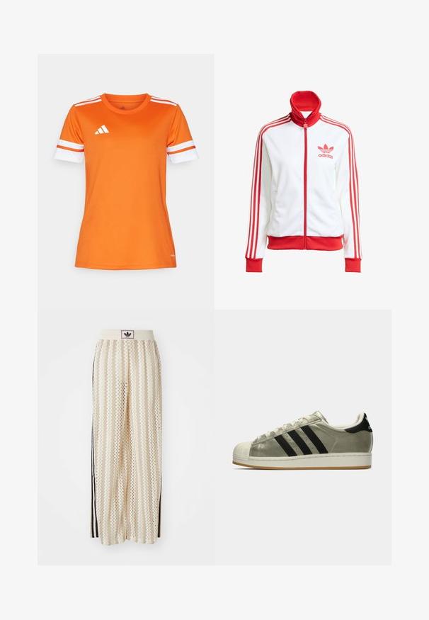 White track jacket with red accents, full zip, high collar, three red stripes on sleeves, and embroidered red Adidas logo on the chest.; Orange athletic shirt with white and orange striped sleeves, made of smooth fabric. Features the Adidas logo in white on the chest.; Cream-colored wide-leg pants with a zigzag pattern, featuring a black logo waistband and side black stripes. Lightweight, textured fabric.; Adidas sneakers with a metallic olive upper, three black stripes, rubber toe cap, and a gum outsole. Classic design with textured fabric.