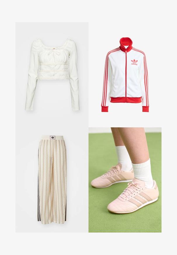 Bílá sportovní bunda na zip s červenými akcenty, vysoký límec, tři červené pruhy na rukávech a vyšitým červeným logem Adidas na hrudi.; Bílé cropped tričko s dlouhým rukávem a čtvercovým výstřihem, s detailem na šňůrku a krajkovým lemem přes hruď a spodní okraj, s nabíranou texturou.; Krémové široké kalhoty s cikcak vzorem, s černým logem na pásu a černými pruhy po stranách. Lehčí, texturovaná tkanina.; Svetle růžové sportovní boty s diagonálním švem, bílou podrážkou a třemi bočními pruhy. Nosené s bílými žebrovanými ponožkami na zeleném povrchu.