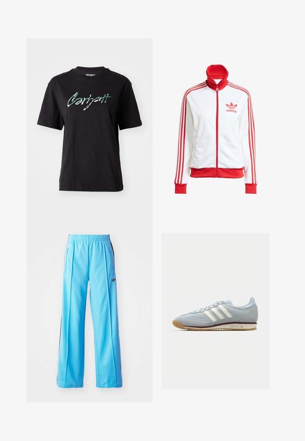 White track jacket with red accents, full zip, high collar, three red stripes on sleeves, and embroidered red Adidas logo on the chest.; Black cotton t-shirt with short sleeves, featuring a glossy green text print of "Carhartt" across the chest. Classic crew neckline.; Light blue athletic pants with an elastic waistband, side zippers, and black side accents. Soft fabric with a loose, wide-leg design.; Light blue suede sneaker with white three stripes, rubber sole, and textured mesh. Features a smooth toe cap and branding on the heel.