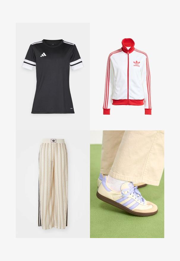 Valkoinen ajotakki punaisilla yksityiskohdilla, täysi vetoketju, korkea kaulus, kolme punaista raitaa hihoissa ja brodeerattu punainen Adidas-logo rintapielessä.; Musta urheilupaita, jossa on valkoisia yksityiskohtia ja kolme vaakasuoraa raitaa hihoissa. Valmistettu kosteutta siirtävästä kankaasta, suunniteltu urheilukäyttöön.; Valkoiset leveälahkeiset housut, joissa on sahalaitakuvio, musta logovyötärö ja sivuilla mustat raidat. Kevyt, teksturoitu kangas.; Kermasilta ja laventelilta näyttävät lenkkarit kolmella raidalla ja teksturoidulla ruskealla pohjalla, varustettuna nauhoilla ja pehmustetulla kantapäällä. Pehmeä kangaspinta.