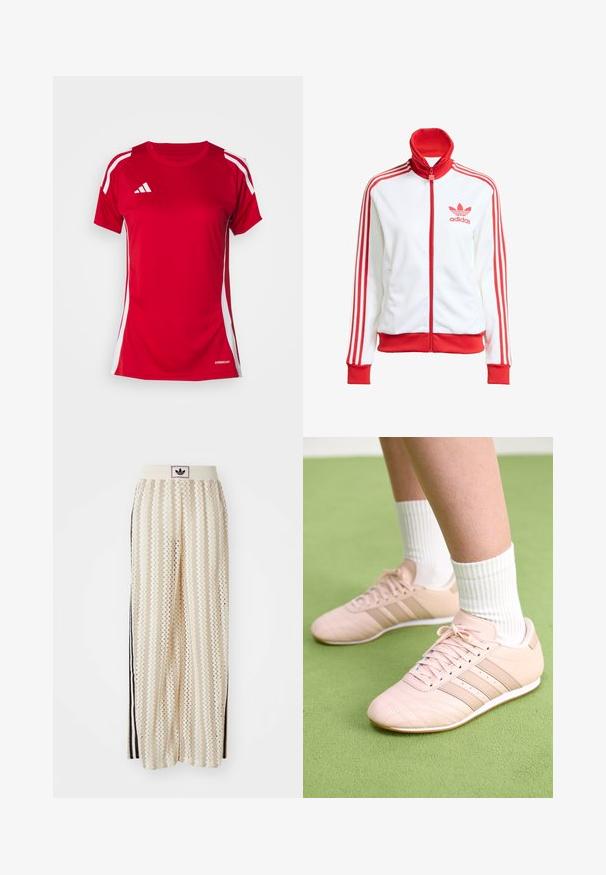 Bijela sportska jakna s crvenim detaljima, puna zatvarač, visoki ovratnik, tri crvene pruge na rukavima i vezeni crveni Adidas logo na prsima.; Crvena atletska majica kratkih rukava s bijelim bočnim trakama i bijelim Adidas logom. Izrađena od tkanine koja odvodi vlagu, označena kao AEROREADY.; Pantalone širokog kroja krem boje s zigzag uzorkom, koji sadrži sivi pojas s crnim logotipom i bočne crne pruge. Lagani, teksturirani materijal.; Svijetloružičaste atletske tenisice s dijagonalnim šavovima, bijelim potplatima i tri bočne pruge. Nanosene s rebrastim bijelim čarapama na zelenoj površini.