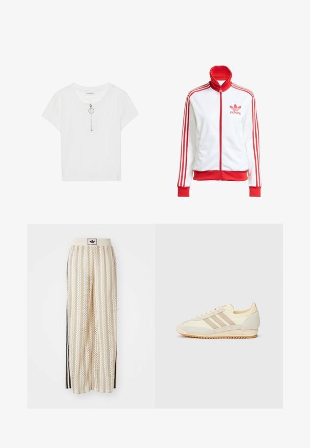 Hvid træningsjakke med røde accenter, fuld lynlås, høj krave, tre røde striber på ærmerne og broderet rødt Adidas-logo på brystet.; Hvid stribet kortærmet skjorte med lynlås og sølvfarvet ringetræk. Rund halsudskæring og løs pasform, fremstillet af et blødt tekstil.; Cremefarvede bukser med vidde, der har et zigzag-mønster, med en sort logoelastik i taljen og sorte striber på siden. Letvægtigt, tekstureret stof.; Creme atletisk sneakers med tre beige striber, lavet af ruskind og tekstilmaterialer, en struktureret sål og prægede mærker på hælen.
