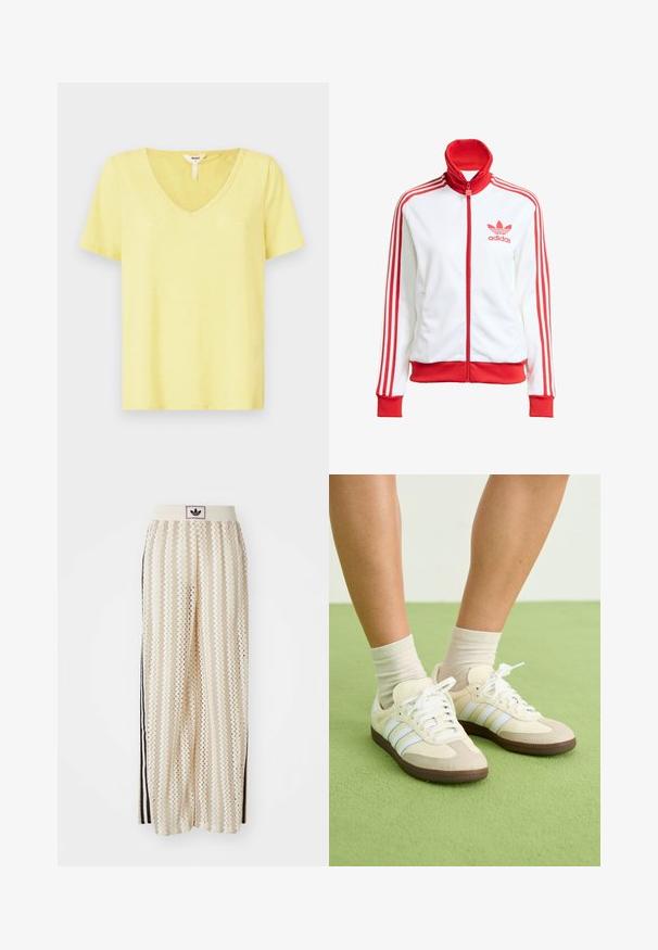 Weißer Trainingsjacke mit roten Akzenten, Vollreißverschluss, hohem Kragen, drei roten Streifen an den Ärmeln und gesticktem roten Adidas-Logo auf der Brust.; Gelbes V-Ausschnitt-T-Shirt aus weichem Material mit kurzen Ärmeln, entspannter Passform und minimalen Nähten am Kragen.; Cremfarbene, weit geschnittene Hosen mit einem Zickzackmuster, ausgestattet mit einem schwarzen Logo-Bund und seitlichen schwarzen Streifen. Leichter, strukturierter Stoff.; Samba-Sneaker mit einer Farbgebung in Creme und Beige, ausgestattet mit drei hellblauen Streifen, weißen Schnürsenkeln und braunen Gummisohlen.