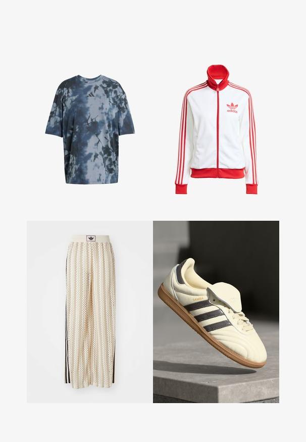 Giacca da track bianca con accenti rossi, zip completa, colletto alto, tre strisce rosse sulle maniche e logo Adidas rosso ricamato sul petto.; T-shirt a maniche corte in una stampa tie-dye blu e grigio, tessuto morbido, collo a giro. Presenta un piccolo logo grigio sul petto.; Pantaloni a gamba larga color crema con un motivo a zigzag, dotati di una fascia in vita nera con logo e strisce nere laterali. Tessuto leggero e testurizzato.; Sneaker in pelle crema con tre strisce scure, suola in gomma marrone e punta arrotondata. Presenta una linguetta pieghevole etichettata "SAMBA".
