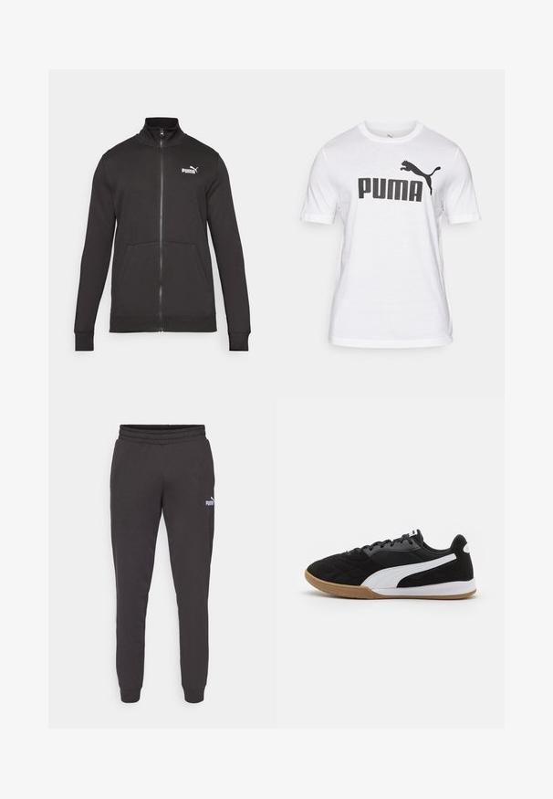 Black zip-up track jacket made of smooth fabric. Features stand-up collar, side pockets, and a white Puma logo on the left chest.; White cotton t-shirt featuring a large black "PUMA" logo and a black leaping cat graphic on the left side. Short sleeves, crew neck design.; Dark grey sweatpants with an elastic waistband, tapered legs, and a small white Puma logo on the left thigh. Soft cotton blend material.; Black athletic shoes with a quilted texture, white side stripe, and gum sole. Features a mesh upper and rounded toe design.