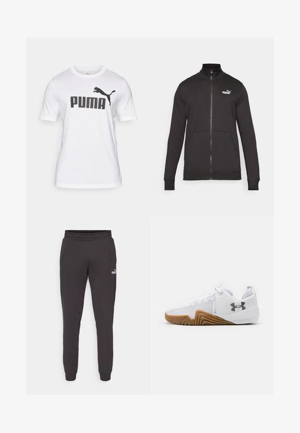 Musta vetoketjullinen treenitakki, joka on valmistettu sileästä kankaasta. Varusteena seisova kaulus, sivutaskut ja valkoinen Puma-logo vasemmassa rinnassa.; Valkoinen puuvillaitaide t-paita, jossa on suuri musta "PUMA" -logo ja musta hyppivä kissa -grafiikka vasemmalla puolella. Lyhyet hihat, pyöreä kaula-aukko.; Tummanharmaat collegehousut, joissa on elastinen vyötärö, kapenevat lahkeet ja pieni valkoinen Puma-logo vasemmassa reidessä. Pehmeää puuvillasekoitekangasta.; Valkoiset urheilukengät, joissa on verkkopinta, kumipohja gumminvärisenä, tekstiiliset yksityiskohdat ja musta logo sivussa.