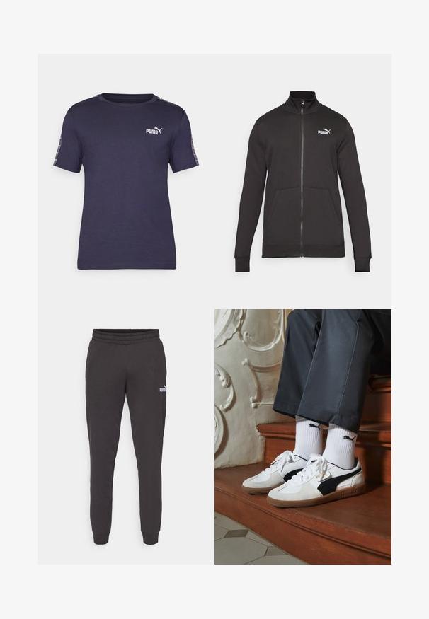 Černá tracková bunda na zip vyrobená z hladkého materiálu. Má stojáček, postranní kapsy a bílé logo Puma na levé straně hrudi.; Námořnická modrá tričko vyrobené z hladkého materiálu, s kulatým výstřihem, krátkými rukávy a bílým logem Puma na hrudi a vzorovanými akcenty na rukávech.; Tmavě šedé tepláky s elastickým pasem, úzkými nohavicemi a malým bílým logem Puma na levém stehně. Měkký materiál z bavlněné směsi.; Puma tenisky v bílé a černé semišové úpravě, s hnědou gumovou podrážkou. Kombinované s bílými ponožkami, na kterých je černé logo, nošeny s tmavými kalhotami.