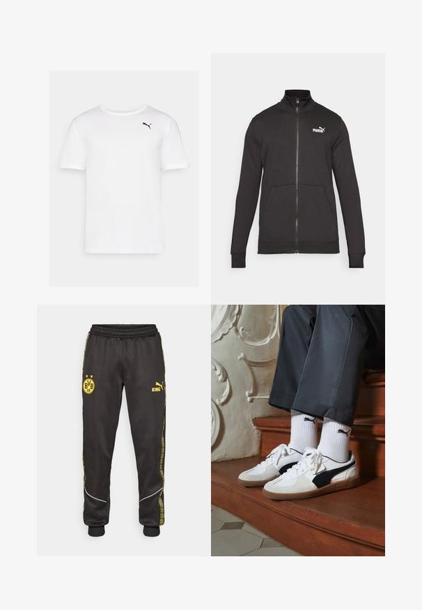 Chaqueta deportiva negra con cremallera, hecha de un tejido suave. Cuenta con un cuello alto, bolsillos laterales y un logotipo blanco de Puma en el lado izquierdo del pecho.; Camiseta blanca de manga corta hecha de tela suave, con un pequeño logo negro de Puma en la parte izquierda del pecho. Cuello redondo, sin estampados.; Pantalones deportivos negros con los logotipos amarillos de Borussia Dortmund BVB 09 y Puma King, banda elástica en la cintura y rayas laterales amarillas con un diseño.; Zapatillas Puma en gamuza blanca y negra, con una suela de goma marrón. Combinadas con calcetines blancos que muestran un logo negro, llevados con pantalones oscuros.
