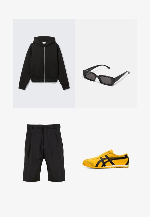 Czarna bluza z kapturem zapinana na zamek, z kieszenią typu kangur, luźnym krojem, miękkim materiałem i regulowanym kapturem na sznurki. Posiada solidny zamek błyskawiczny oraz ściągacze na rękawach.; Biała bawełniana koszulka z okrągłym dekoltem, krótkimi rękawami i luźnym krojem. Posiada prosty design bez wzorów czy akcentów.; Czarne szorty wykonane z gładkiego materiału o klasycznym kroju, z frontowym zapięciem na guzik, plisami i bocznymi kieszeniami.; Żółty but sportowy z czarnymi akcentami, gładka skórzana tekstura, zakrzywiony kształt, okrągły czubek, płaska biała podeszwa i wyraźne logo na boku.; Czarne prostokątne okulary przeciwsłoneczne z ciemnymi szkłami, błyszczącym wykończeniem, szerokimi zausznikami i masywną konstrukcją. Wygrawerowana nazwa marki na jednym z zauszników.