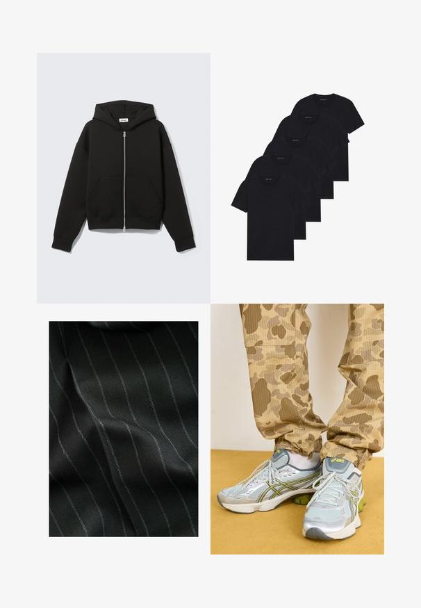 Schwarzer Hoodie mit Reißverschluss, Kängurutasche, übergroßem Schnitt, weichem Stoff und Kapuze mit Kordelzug. Verfügt über einen robusten Reißverschluss und gerippte Ärmelbündchen.; Pack von fünf schwarzen Rundhals-T-Shirts. Kurze Ärmel, Baumwollmaterial, normale Passform. Glatte Textur ohne sichtbare Muster oder Verzierungen.; Schwarzer Stoff mit einem Fischgrätmuster und feinen weißen Streifen. Die Textur wirkt glatt mit subtiler Tiefe durch die Webart.; Helle graue Sportschuhe mit silbernen Akzenten, grünen Dämpfungshighlights und einem strukturierten Mesh-Obermaterial, kombiniert mit beigen Hosen im Tarnmuster.