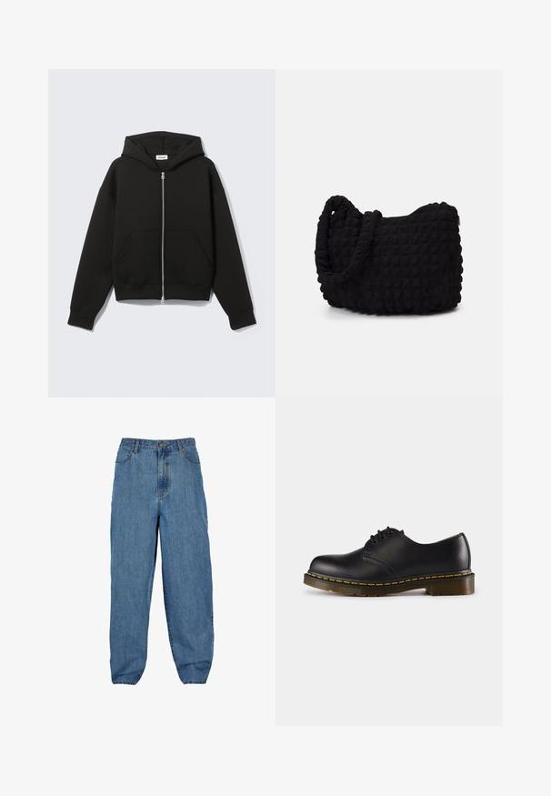 Melna rāvējslēdzēja kapuce ar kenguru kabatu, plaša piegriezuma, mīksta auduma un kapuci ar auklu. Aprīkota ar izturīgu rāvējslēdzēju un ribotām aprocēm.; Piecu melnu T-kreklu komplekts ar garām piedurknēm. Īsas piedurknes, kokvilnas materiāls, standarta piegriezums. Gluda tekstūra bez redzamām rakstām vai rotājumiem.; Gai zils džinsu bikses ar augstu jostasvietu, platām kājām, piecu kabatu dizainu, un ar pogu un rāvējslēdzēja aizdari.; Melna ādas kurpe ar noapaļotu purngali, šņorēšanas dizains, dzeltena šuvju līnija gar zoli un masīva, teksturēta gumijas zole.; Melnas auduma soma ar strukturētu, quiltotu rakstu. Apaļa forma, īsas, resnas rokturi un mīksta, elastīga konstrukcija.