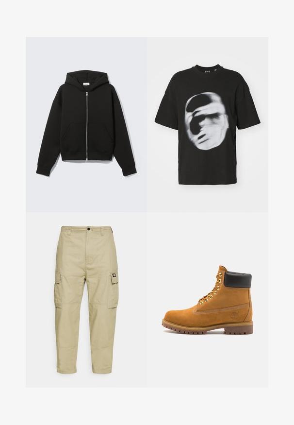 Czarna bluza z kapturem zapinana na zamek, z kieszenią typu kangur, luźnym krojem, miękkim materiałem i regulowanym kapturem na sznurki. Posiada solidny zamek błyskawiczny oraz ściągacze na rękawach.; Czarna bawełniana koszulka z krótkim rękawem, z okrągłym dekoltem, z rozmytym białym graficznym wzorem twarzy.; Beżowe spodnie cargo wykonane z trwałego materiału, z dwoma bocznymi kieszeniami, zapięciem na guzik oraz zwężanymi nogawkami o gładkiej teksturze.; Beżowe zamszowe botki sięgające kostki z czarną wyściełaną krawędzią, złotymi oczkami, białymi detalami szycia oraz wytrzymałą gumową podeszwą z wyraźnym bieżnikiem.
