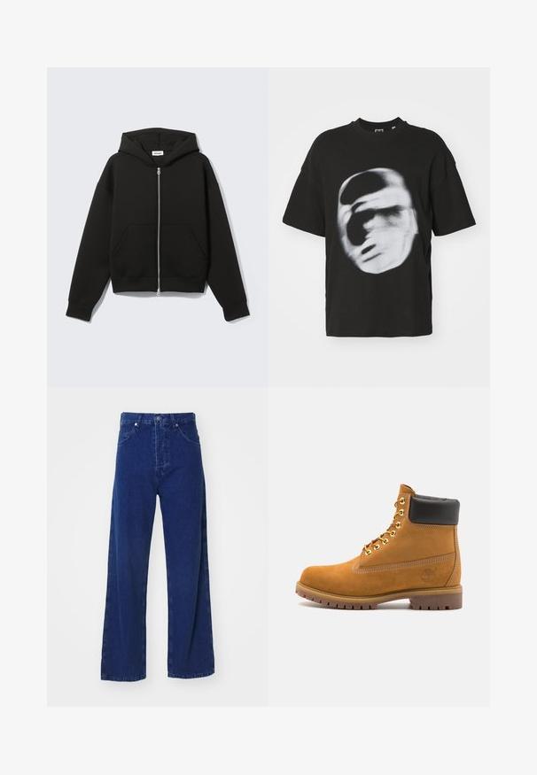 Czarna bluza z kapturem zapinana na zamek, z kieszenią typu kangur, luźnym krojem, miękkim materiałem i regulowanym kapturem na sznurki. Posiada solidny zamek błyskawiczny oraz ściągacze na rękawach.; Czarna bawełniana koszulka z krótkim rękawem, z okrągłym dekoltem, z rozmytym białym graficznym wzorem twarzy.; Szerokie niebieskie dżinsy z wysokim stanem, z przednimi kieszeniami i zapięciem na guziki. Gładka tekstura i minimalne detale przeszycia.; Beżowe zamszowe botki sięgające kostki z czarną wyściełaną krawędzią, złotymi oczkami, białymi detalami szycia oraz wytrzymałą gumową podeszwą z wyraźnym bieżnikiem.