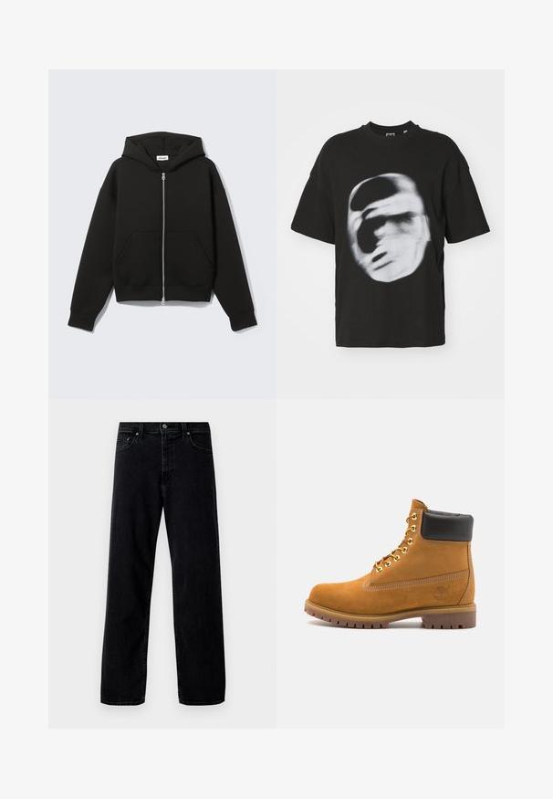 Černá mikina na zip s klokaní kapsou, volným střihem, měkkou látkou a kapucí na stažení šňůrkou. Má pevný zip a žebrované manžety.; Černé bavlněné tričko s rozmazaným bílým grafickým vzorem obličeje. Krátké rukávy a design s kulatým výstřihem.; Hollister Co. Baggy džíny - washed black; Hnědé semišové kotníkové boty s černým polstrovaným límcem, zlatými kovovými očky, bílým prošíváním a odolnou gumovou podrážkou s výraznými drážkami.