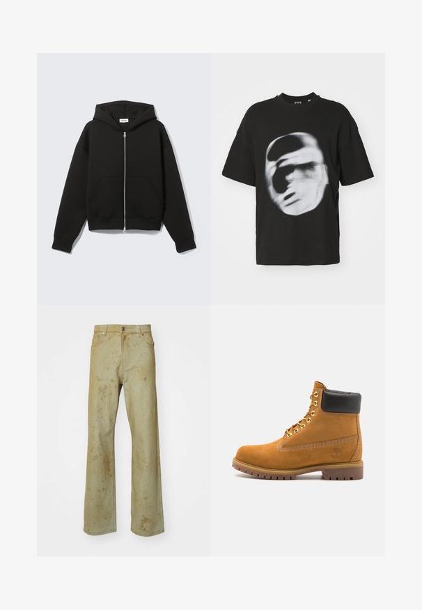 Felpa nera con zip, tasca a marsupio, vestibilità oversize, tessuto morbido e cappuccio con coulisse. Dotata di una cerniera robusta e polsini a costine.; T-shirt nera in cotone con una grafica sfocata bianca di un volto. Maniche corte e design a girocollo.; Jeans in denim beige con taglio dritto, caratterizzati da macchie visibili e leggere variazioni di texture. Inclusi tasche frontali e accessori in metallo.; Stivale alla caviglia in suede tan con collare imbottito nero, occhielli in metallo dorato, dettagli in cucitura bianca e suola in gomma robusta con battistrada pronunciato.