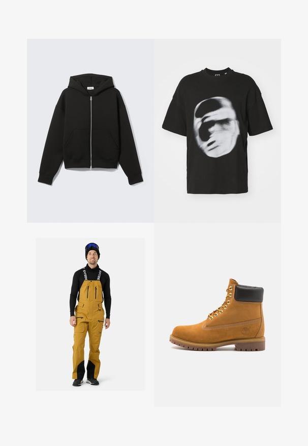 Black zip-up hoodie with a kangaroo pocket, oversized fit, soft fabric, and drawstring hood. Features a sturdy zipper and ribbed cuffs.; Black cotton t-shirt featuring a blurred white graphic of a face. Short sleeves and a round neck design.; Yellow ski overalls with black accents and zippers. Features adjustable straps and a smooth texture. Worn over a black long-sleeve shirt.; Tan suede ankle boot with black padded collar, gold metal eyelets, white stitching detailing, and rugged rubber sole with pronounced treads.