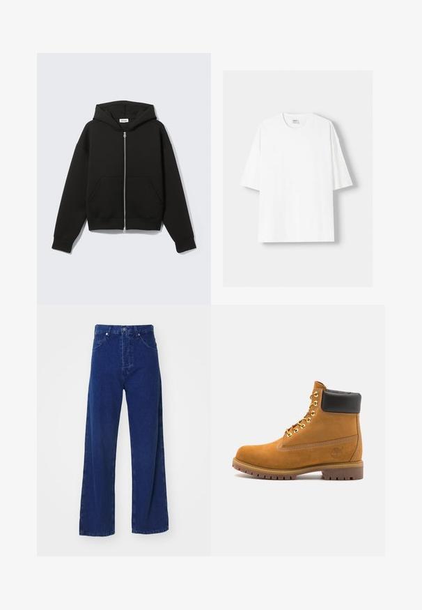 Czarna bluza z kapturem zapinana na zamek, z kieszenią typu kangur, luźnym krojem, miękkim materiałem i regulowanym kapturem na sznurki. Posiada solidny zamek błyskawiczny oraz ściągacze na rękawach.; Biała koszulka z krótkim rękawem wykonana z bawełny, z okrągłym dekoltem i luźnym krojem. Gładka faktura, bez widocznych wzorów lub akcentów.; Szerokie niebieskie dżinsy z wysokim stanem, z przednimi kieszeniami i zapięciem na guziki. Gładka tekstura i minimalne detale przeszycia.; Beżowe zamszowe botki sięgające kostki z czarną wyściełaną krawędzią, złotymi oczkami, białymi detalami szycia oraz wytrzymałą gumową podeszwą z wyraźnym bieżnikiem.