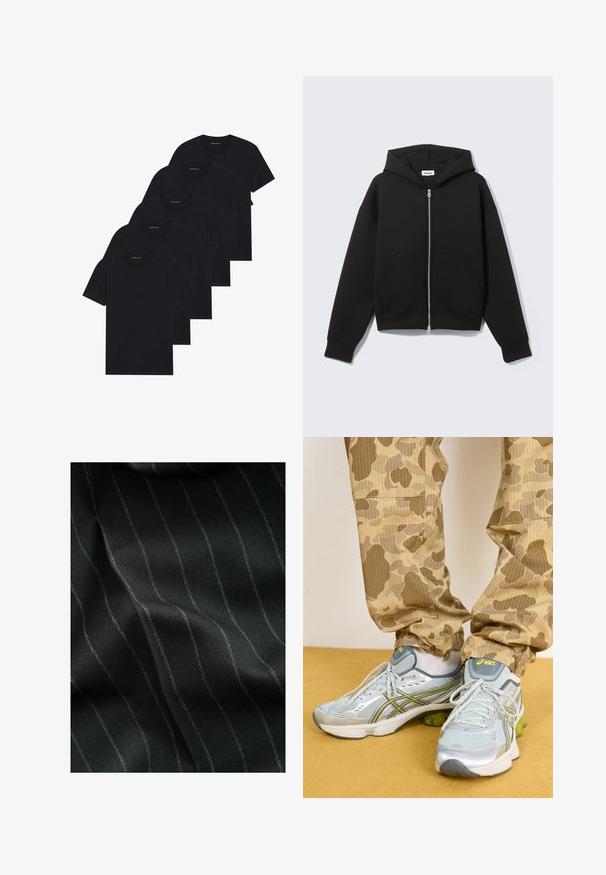 Must mustril lukuga kapuutsiga dressipluus taskuga ees, laiem ja avaram lõige, pehme kangas ning nööriga kapuuts. Omab tugevat lukkud ja soonikuga mansette.; Viie musta ümarakaelusega T-särgi pakk. Lühikesed varrukad, puuvillane materjal, tavaline lõige. Sile tekstuur, ilma nähtavate mustrite või kaunistusteta.; Mustmustriidi must kangas, millel on kalasabatähe muster ja peened valged triibud. Tekstuur näeb välja sile, millel on kudumise tõttu õrn sügavus.; Heledad hallhallid spordijalatsid hõbedaste aktsentidega, rohelise pehmendusega ja tekstuurse võrgu ülemise osaga, koos beežide kamuflaažimustriga pükstega.