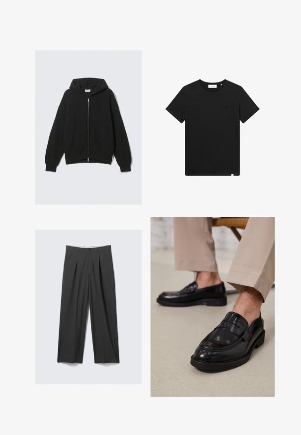Černá mikina na zip z texturované látky s kapucí na stažení, žebrovanými manžetami a lemem. Jednoduchý, nadměrný střih.; Černé tričko s krátkým rukávem vyrobené z bavlny, s kulatým výstřihem a malým vyšitým logem na hrudi. Hladká textura, standardní střih.; Šedé kalhoty s širokými nohavicemi a záhyby. Vyrobené z hladké tkaniny, s předním zapínáním na knoflík a poutky na opasek. Rovný přední střih.; Černé kožené loafers s hladkým povrchem, zdobené páskem a kontrastním prošíváním, spárované s béžovými kalhotami.