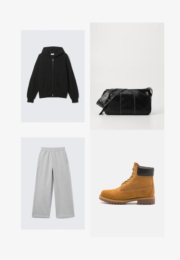 Črna jopa z zadrgo, izdelana iz teksturirane tkanine, z kapuco na vrvico, rebrastimi manšetami in spodnjim robom. Preprost, oversized dizajn.; Svetlo siva polo majica s dugim rukavima, izdelana iz mehkega materiala, s belim ovratnikom in štiri gumbi. Gladka tekstura, sproščen dizajn.; Svetlo sive trenirke z širokimi hlačnicami, elastičnim pasom in stranskimi žepi. Izdelane iz mehke, teksturirane mešanice bombaža.; Svetlo rjave anklne čizme iz semiša z črnim oblazinjenim ovratnikom, zlatimi kovinskimi očesci, belimi šivi in robustnim gumijastim podplatom s izrazitimi tredi.; Črna usnjena torba za ramo z zadrgo, ki ima teksturirano telo, belo šivanje in trak s srebrnimi luknjami.