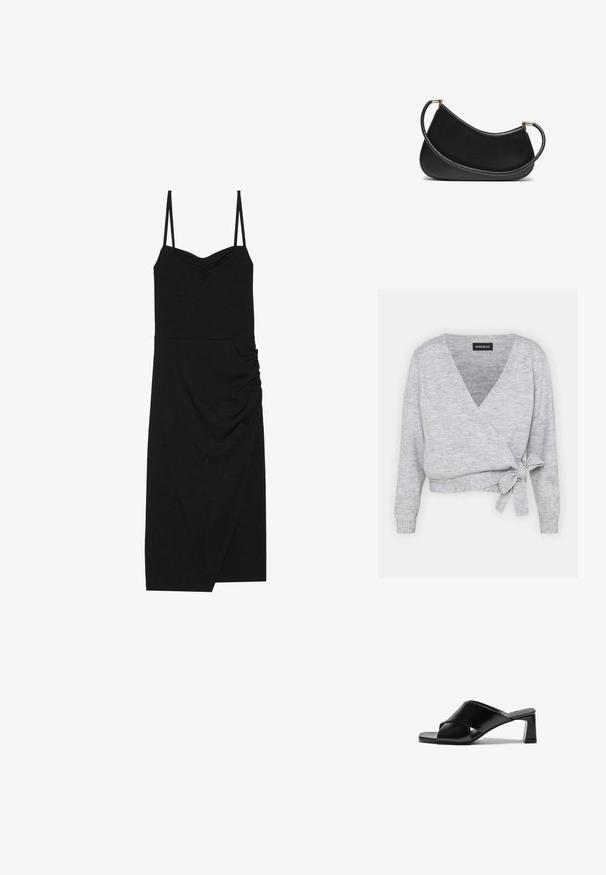 Sivý navrhovaný sveter s výstrihom do V, dlhými rukávmi a nastaviteľným viazaním v oblasti pása. Vyrobený z jemného pleteného materiálu s jemnou textúrou.; Čierne rebrované šaty s tenkými nastaviteľnými ramienkami, srdcovým výstrihom, detailom na boku s riasením a asymetrickým hemom. Vyrobené z elastického materiálu.; Čierne kožené sandále na podpätku s prekríženým dizajnom remienkov, štvorcovou špicou a blokovým podpätkom. Hladká textúra s minimálnym zdobením.; Čierna kožená taška cez rameno s zakriveným dizajnom, s textúrovaným popruhom a zlatými prvkami na hornej priehradke. Hladký povrch.