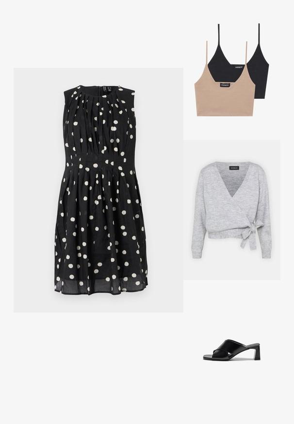 Γκρίζο πουλόβερ με ανοιχτό λαιμό, μακριά μανίκια και ρυθμιζόμενο ζωνάκι στη μέση. Φτιαγμένο από μαλακό πλεκτό υλικό με ελαφριά υφή.; Μαύρο αμάνικο φόρεμα με λευκές πουα, με πτυχές και εφαρμοστό μέσο. Κατασκευασμένο από ελαφρύ ύφασμα με ομαλή υφή.; Δύο βαμβακερές φανέλες: μία σε ανοιχτό μπεζ και μία σε μαύρο, με λεπτές τιράντες και σχέδιο V-λαιμόκοψης. Ορατές ετικέτες μέσα.; Μαύρες δερμάτινες σανδάλια με τακούνι, με σχεδίαση με διασταυρούμενες λωρίδες, τετράγωνη μύτη και τετράγωνη φτέρνα. Μαλακή υφή με ελάχιστες λεπτομέρειες.; Μαύρη δερμάτινη τσάντα ώμου με καμπυλωτό σχέδιο, διαθέτοντας υφαντό λουρί και χρυσές λεπτομέρειες στην επάνω κλείσιμο. Λείο φινίρισμα.