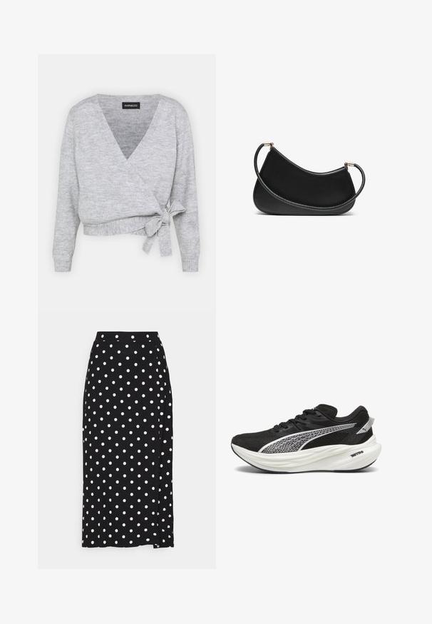 Pilkas švarkelis su V formos iškirpte, ilgomis rankovėmis ir reguliuojamu raiščiu liemens srityje. Pagamintas iš minkštos megztos medžiagos su švelniu tekstūra.; Du vaskiniai liemenukai: vienas šviesiai kreminės spalvos, kitas - juodas, su plonais petnešomis ir V formos iškirpte. Viduje matomi etiketės.; Juoda sijonas su baltais taškeliais, pagamintas iš minkštos medžiagos. Turi tiesų kirpimą ir skeltuką apačioje, kad būtų lengviau judėti.; Juodi sportiniai bateliai su tinkline viršutine dalimi, atspindinčiais sidabro akcentais, storu baltu amortizaciniu viduriniu sluoksniu ir juodu guminio pado išorė.; Juodas odinis pečių krepšys su išlenktu dizainu, turintis tekstūruotą dirželį ir auksinės spalvos detalėmis viršutinėje užtrauktuko dalyje. Lygi apdaila.