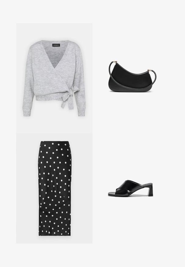 Grå innestrumpa med v-ringning, lång ärm och justerbart band i midjan. Tillverkad av mjukt stickat material med en subtil textur.; Två bomulls-bh:ar: en i ljusbeige och en annan i svart, med tunna band och design med V-ringning. Etiketter synliga inuti.; Svart kjol med vita polka-dot-prickar, gjord av mjukt tyg. Har en rak design, knälängd och elastisk midjeband.; Svarta läderklackar med korsband, fyrkantig tå och klack i blockmodell. Slät textur med minimal detaljering.; Svart läder axelväska med en böjd design, utrustad med ett texturerat band och detaljer i guldton vid den övre stängningen. Slät yta.