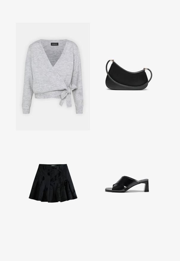 Maglione avvolgente grigio con scollatura a V, maniche lunghe e una cintura regolabile in vita. Realizzato in morbido materiale a maglia con una leggera texture.; Due bralette in cotone: una in beige chiaro e l'altra in nero, con spalline sottili e design a V. Etichette visibili all'interno.; Gonna nera plissettata con un motivo floreale, realizzata in un tessuto testurizzato. Presenta una vita e una chiusura con zip nascosta.; Sandali con tacco in pelle nera, caratterizzati da un design a fascia incrociata, punta quadrata e tacco a blocco. Texture liscia con dettagli essenziali.; Borsa a tracolla nera in pelle con un design curvo, dotata di una tracolla texturizzata e hardware dorato sulla chiusura superiore. Finitura liscia.