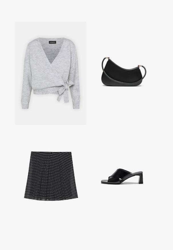 Maglione avvolgente grigio con scollatura a V, maniche lunghe e una cintura regolabile in vita. Realizzato in morbido materiale a maglia con una leggera texture.; Due bralette in cotone: una in beige chiaro e l'altra in nero, con spalline sottili e design a V. Etichette visibili all'interno.; Gonna nera con puntini bianchi, caratterizzata da pieghe e una trama liscia. Presenta un orlo curvo e un design semplice della vita.; Sandali con tacco in pelle nera, caratterizzati da un design a fascia incrociata, punta quadrata e tacco a blocco. Texture liscia con dettagli essenziali.; Borsa a tracolla nera in pelle con un design curvo, dotata di una tracolla texturizzata e hardware dorato sulla chiusura superiore. Finitura liscia.