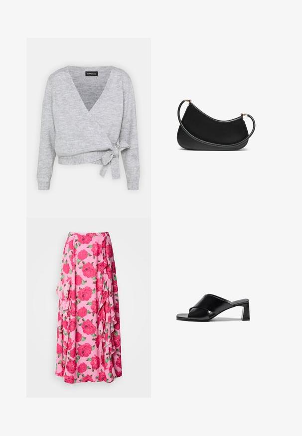 Grijze wikkeltrui met een V-hals, lange mouwen en een verstelbare strik in de taille. Gemaakt van zacht breimateriaal met een subtiele textuur.; Twee katoenen bralettes: de ene in lichtbeige en de andere in zwart, met dunne bandjes en een V-halsontwerp. Labels zichtbaar aan de binnenkant.; Bloemrijke maxi-rok van roze stof met grote, levendige rode rozen en groene bladeren. Heeft ruches langs de zijkant voor extra textuur.; Zwarte lederen haksandalen met een cross-strap ontwerp, vierkante neus en een blokhak. Glad materiaal met minimale details.; Zwarte leren schoudertas met een gebogen ontwerp, voorzien van een gestructureerde schouderband en goudkleurige hardware bij de bovenste sluiting. Glad afgewerkt.