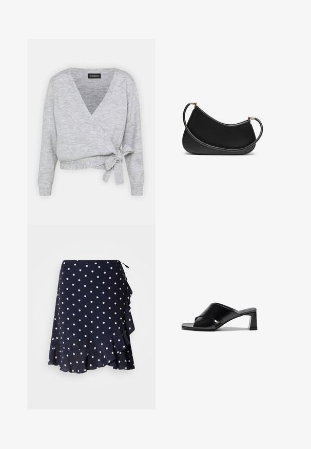 Grau umwickelter Pullover mit V-Ausschnitt, langen Ärmeln und einem verstellbaren Band in der Taille. Hergestellt aus weichem Strickmaterial mit einer feinen Textur.; Zwei Baumwoll-Bralettes: eines in hellbeige und ein anderes in schwarz, beide mit dünnen Trägern und einem V-Ausschnitt-Design. Etiketten sind innen sichtbar.; GANT DOT PRINT FRILL SKIRT - Wickelrock - evening blue; Schwarze Leder-Absatzsandalen mit einem Kreuzriemen-Design, quadratischer Zehenpartie und Blockabsatz. Glatte Textur mit minimalen Details.; Schwarze Leder-Schultertasche mit geschwungenem Design, ausgestattet mit einem strukturierten Riemen und goldfarbenen Beschlägen am oberenverschluss. Glatte Oberfläche.