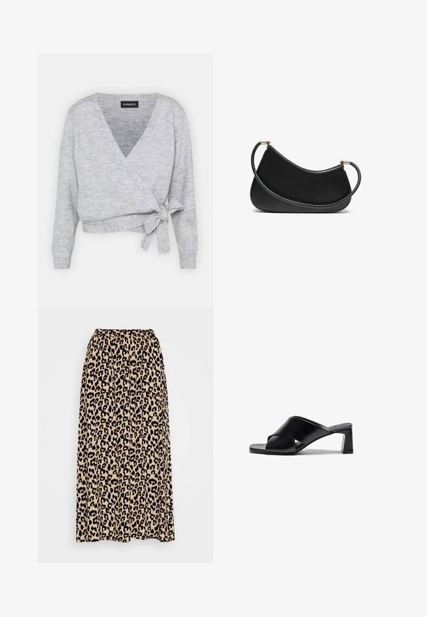 Grau umwickelter Pullover mit V-Ausschnitt, langen Ärmeln und einem verstellbaren Band in der Taille. Hergestellt aus weichem Strickmaterial mit einer feinen Textur.; Zwei Baumwoll-Bralettes: eines in hellbeige und ein anderes in schwarz, beide mit dünnen Trägern und einem V-Ausschnitt-Design. Etiketten sind innen sichtbar.; Beige und schwarze Midi-Rock mit Leopardenmuster. Verfügt über einen elastischen Bund und ein plissiertes Design für mehr Beweglichkeit und Passform.; Schwarze Leder-Absatzsandalen mit einem Kreuzriemen-Design, quadratischer Zehenpartie und Blockabsatz. Glatte Textur mit minimalen Details.; Schwarze Leder-Schultertasche mit geschwungenem Design, ausgestattet mit einem strukturierten Riemen und goldfarbenen Beschlägen am oberenverschluss. Glatte Oberfläche.