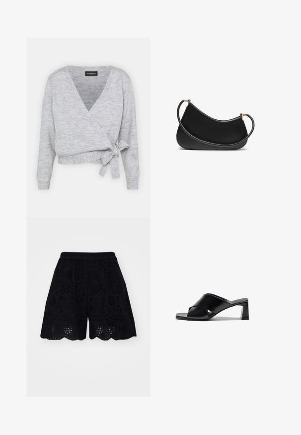 Szary sweter z okrągłym dekoltem, długimi rękawami i regulowanym wiązaniem w talii. Wykonany z miękkiego materiału dzianinowego o subtelnej fakturze.; Dwa bawełniane biustonosze: jeden w jasnym beżu, a drugi w czerni, z cienkimi ramiączkami i dekoltem w kształcie litery V. Etykiety widoczne w środku.; Czarne szorty z misternymi haftowanymi wycinanymi wzorami, falbaniastym wykończeniem i elastycznym paskiem w talii dla komfortu.; Czarne skórzane sandały na obcasie z krzyżowym zapięciem, kwadratowym noskiem i słupkiem. Gładka faktura z minimalnym zdobieniem.; Czarna skórzana torba na ramię o zaokrąglonym designie, z teksturowanym paskiem i złotymi akcentami przy górnym zapięciu. Gładkie wykończenie.