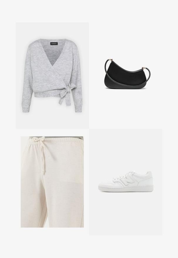 Sivkasta jopica s V-izrezom, dolgimi rokavi in nastavljivim trakom v pasu. Narejena iz mehke pletene tkanine z rahlo teksturo.; Dva bombažna modrčka: en v svetlem bežu in drugi v črni barvi, z tankimi naramnicami in V-izrezom. Oznake so vidne znotraj.; LELA REGULAR FIT - Hlače - beige; Bela teniska iz gladke usnjene obdelave, z perforiranim prstnim delom, teksturiranim gumijastim podplatom, ravnimi vezalkami in opaznim logotipom 'N' na strani.; Črna usnjena torba za ramo s zakrivljeno obliko, opremljena z teksturirano naramnico in zlatimi dodatki na zgornjem zapiranju. Gladka površina.
