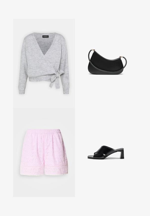 Grå indpakningsstriktrøje med v-hals, lange ærmer og justerbar snøring i livet. Lavet af blødt strikmateriale med en subtil tekstur.; To bomuldsbraletter: en i lys beige og en anden i sort, begge med tynde stropper og en V-hals design. Etiketter synlige indeni.; Lyserøde bomuldsbukser med broderet blomsterdesign, elastisk talje og blonder trim ved kanten. Let og åndbart stof.; Sorte læderhælede sandaler med krydsremdesign, firkantet tå og blokhæle. Glat tekstur med minimal detaljering.; Sort læder skuldertaske med en buet design, der har en tekstureret rem og hardware i guldtonet ved lukningen for oven. Glat finish.