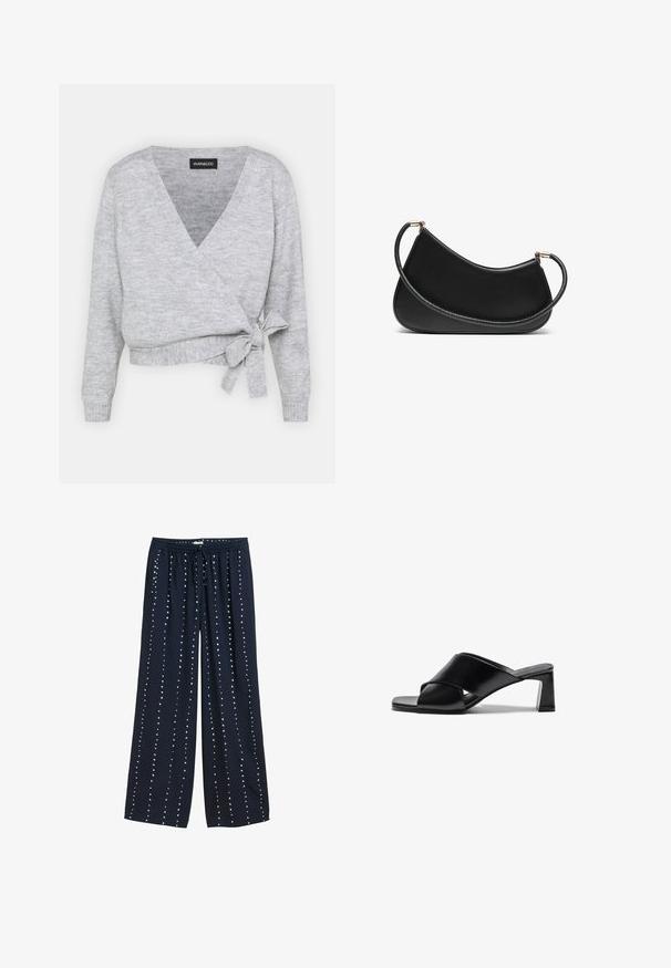 Maglione avvolgente grigio con scollatura a V, maniche lunghe e una cintura regolabile in vita. Realizzato in morbido materiale a maglia con una leggera texture.; Due bralette in cotone: una in beige chiaro e l'altra in nero, con spalline sottili e design a V. Etichette visibili all'interno.; Pantaloni a gamba larga navy con vita regolabile con coulisse, caratterizzati da una texture liscia e da un motivo a pois bianchi disposti verticalmente.; Sandali con tacco in pelle nera, caratterizzati da un design a fascia incrociata, punta quadrata e tacco a blocco. Texture liscia con dettagli essenziali.; Borsa a tracolla nera in pelle con un design curvo, dotata di una tracolla texturizzata e hardware dorato sulla chiusura superiore. Finitura liscia.